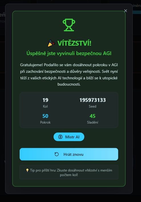 Výherní obrazovka: Úspěšně jste vyvinuli bezpečnou AGI